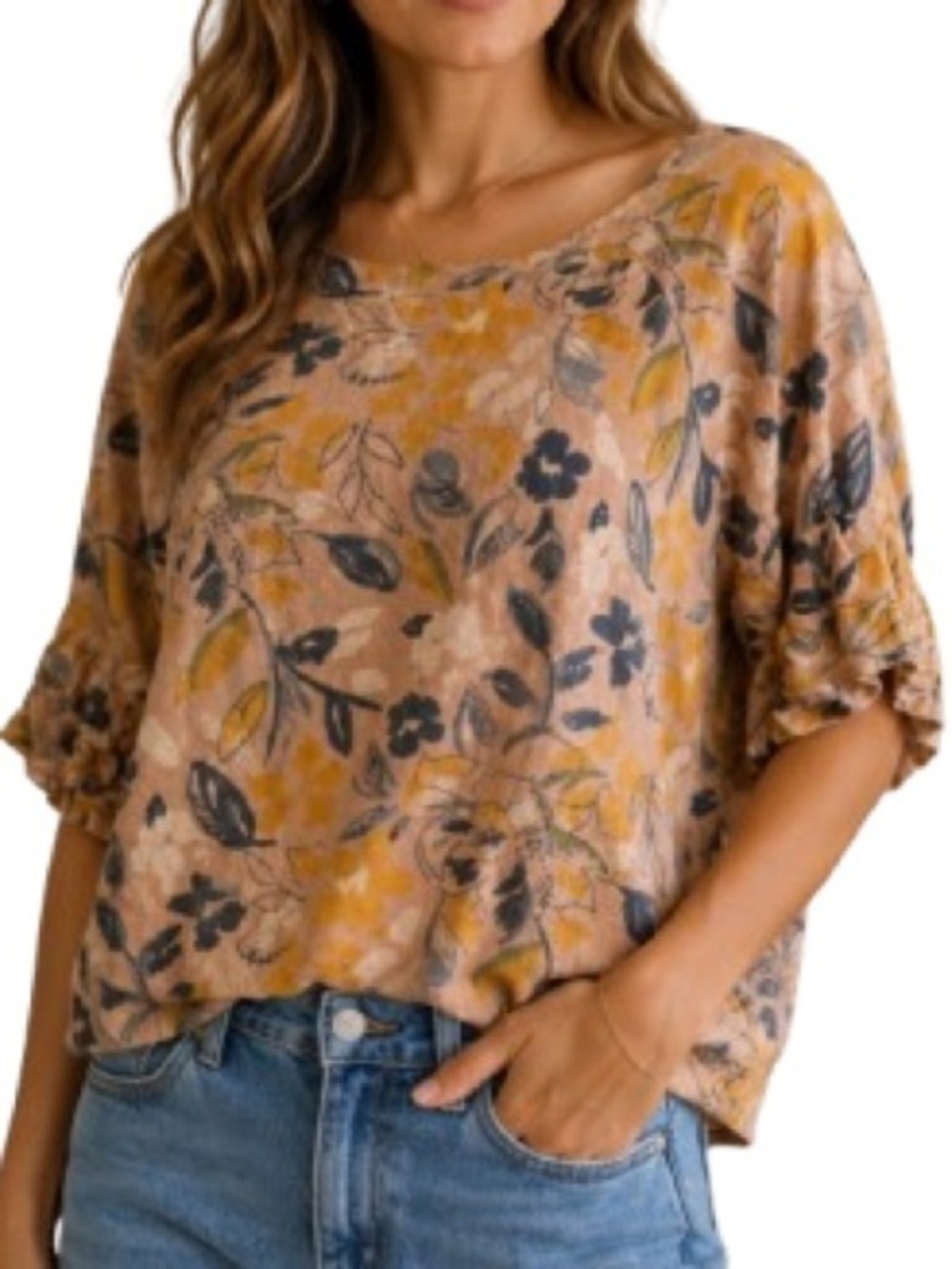 Elena Baldi Made in Italy Floral Linen Blend Top M Boho Peasant Sleeve